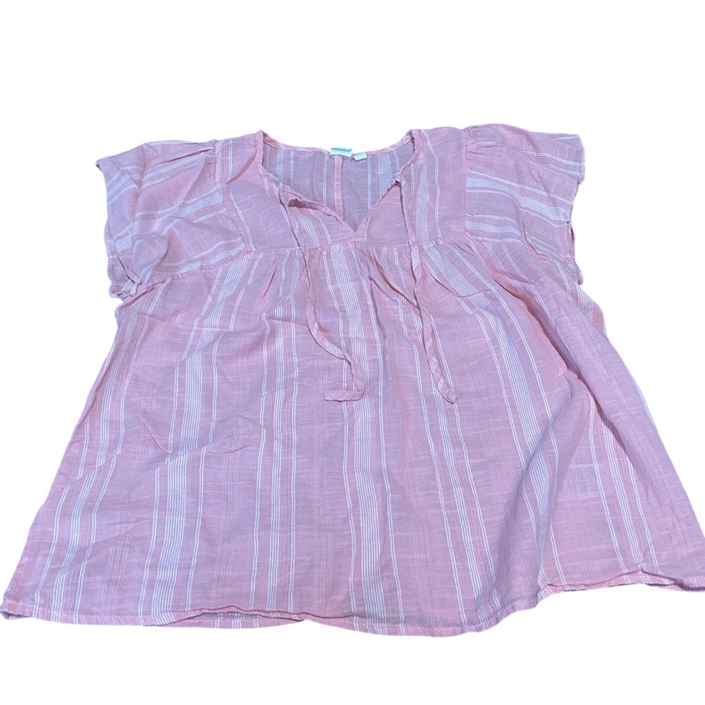 Gap Pink White Striped Gauze Babydoll Blouse Short Sleeve Tie Neck Top Large